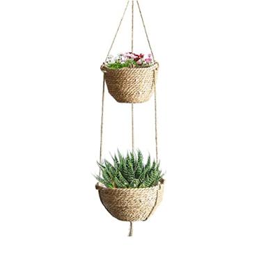 Imagem de Yajun Cesta de vaso de plantas suspensa de 2 camadas vaso de flores natural tecido à mão para decoração de casa forro de plástico de vime interno organizador de armazenamento, madeira, A: 105 cm