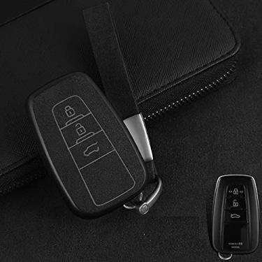 Imagem de YJADHU Capa de couro para chave de carro chaveiro de carro, apto para Toyota CHR C-HR Prado Prius Camry Corolla RAV4 2017 2018 2019, 3 botões pretos