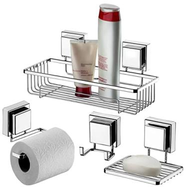 Imagem de Kit Banheiro 4 Peças Suporte Porta Shampoo Papel Higiênico Saboneteira Gancho Duplo Ventosa Cromado - Future