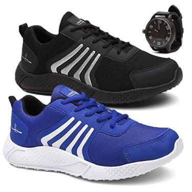 Imagem de Kit 2 Tenis Running Conforto Urbano + Relógio - Preto/Azul - 39