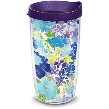Imagem de Tervis Copo isolado Made in USA Fiesta de parede dupla mantém as bebidas frias e quentes, 473 ml - tampa roxa, floral roxo