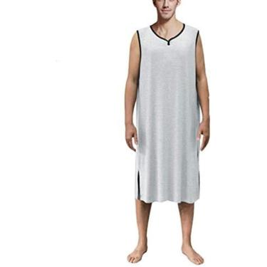 Imagem de Camisola Masculina Loungewear, Camisola Sem Mangas Com Decote Em V, Pijama Camisa De Dormir Solta E Confortável Camisa De Dormir Grande,Cinza,eu,Pleasant63