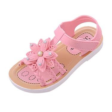 Imagem de Sandálias infantis de couro para meninas sandálias infantis sapatos rasos macios moda confortável arco fundo macio sapato infantil leve, Rosa, 2 Little Kid