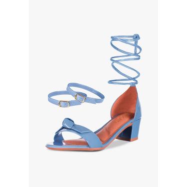 Imagem de Sandália Feminina Salto Quadrado Grosso Bloco Baixo tira Laço Nó Verniz Confortável Sapato Festa elegante Azul  feminino