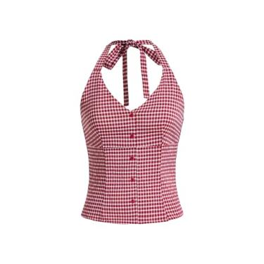 Imagem de SweatyRocks Regata feminina sem mangas com estampa xadrez com botão frontal frente única, Vermelho, M