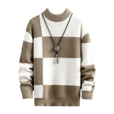Imagem de Roupas masculinas quentes outono inverno suéter masculino casual patchwork cor tricô pulôver masculino xadrez gola redonda, Gola cáqui branca, G