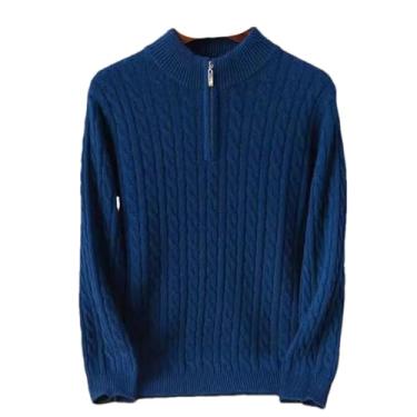 Imagem de Suéter masculino coreano de malha torcida gola meio zíper espesso suéter quente moletom masculino inverno, Azul marino, Small