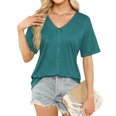 Imagem de Blusas femininas modernas de verão com botões e meia manga curta, Turquesa, P