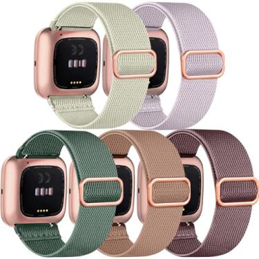 Imagem de Chinber Pacote com 5 pulseiras esportivas compatíveis com Fitbit Versa 2 e 4, de nylon macio e ajustável, para relógio inteligente Fitbit Versa feminino e masculino