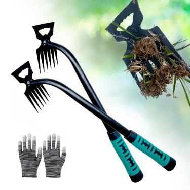 Imagem de Ferramenta extrator de ervas daninhas - 2 peças de ferramentas de remoção de ervas daninhas manuais de jardinagem, ferramenta de remoção de ervas daninhas de aço manganês, 6 dentes ferramenta manual