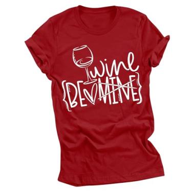 Imagem de Homisy Camiseta feminina Be Mine Wine de manga curta, leve, casual, folgada, para o dia dos namorados, Vermelho, G