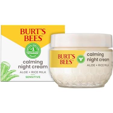 Imagem de Burt's Bees Creme noturno calmante, com Aloe e leite de arroz, hidratante facial para peles sensíveis, infunde a pele com umidade enquanto você dorme, 98,8% de origem natural, banheira de 51 g