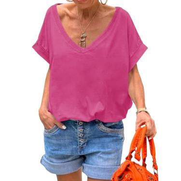 Imagem de Tankaneo Camisetas femininas com gola V profunda, casual, verão, caimento solto, manga curta, Rosa choque, GG
