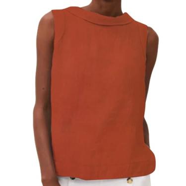 Imagem de Camisas femininas com gola de lapela de linho sem mangas cor sólida blusas soltas casuais de verão 2024 túnicas modernas da moda, Vermelho, G