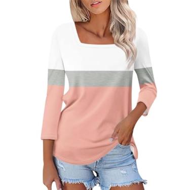 Imagem de Camisetas femininas com gola quadrada manga 3/4, casuais, básicas, de verão, estampadas, soltas, túnica, #02 - rosa, M