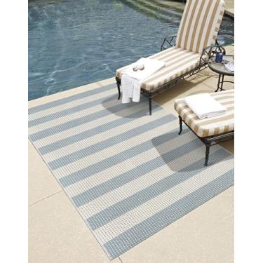 Imagem de LEEVAN Tapete de pátio externo 7 x 12 cm, tapete de varanda listrado lavável, tapete de entrada externo colorido de primavera, capacho de boas-vindas em tecido azul e branco Buffalo Backyard tapete em