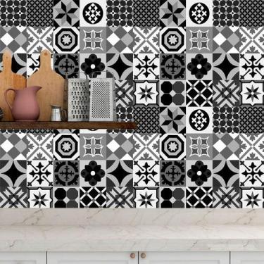 Imagem de Papel de Parede Adesivo Azulejo Português Preto e Branco 1 Metro - PAP