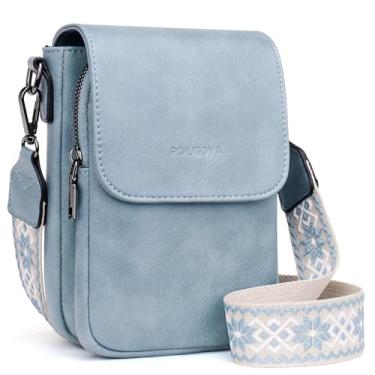 Imagem de POIUGOYA Bolsas transversais pequenas para mulheres modernas, carteira transversal de couro com compartimento triplo para celular com compartimentos para cartões, A - azul-claro