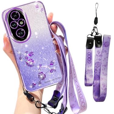 Imagem de Fofvccv Capa para Huawei Honor 200 Pro 5G com glitter com alça de cordão para mulheres e meninas, capa transparente com flores florais brilhantes brilhantes para Honor 200 Pro YSS roxo