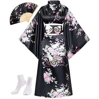 Imagem de Roupão de quimono feminino anime japonês gueixa yukata vestido doce flor cetim roupão roupa de dormir fãs conjunto de meias Tabi, Preto, Tamanho Único