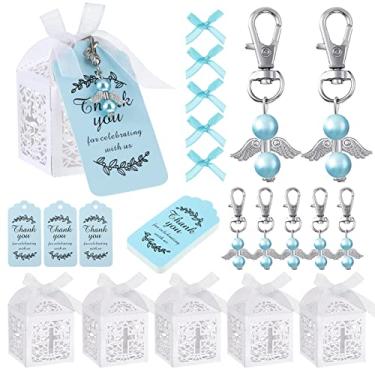 Imagem de 60 peças de lembrancinhas de festa de batismo 20 chaveiros com pingente de anjo, 20 etiquetas de agradecimento por celebrar conosco e 20 caixas de batismo em forma de cruz para o primeiro presente de batizado santo do primeiro chá de bebê (azul)