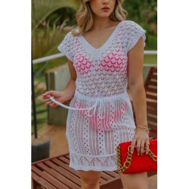 Imagem de Saída De Praia Curta Fenda Acinturada Verão Tricot Moda - Calu Tricot,