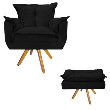 Imagem de Kit Poltrona e Puff Opala Base Giratória de Madeira Suede Preto - DAMA