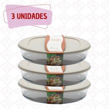 Imagem de Kit 3 Assadeiras Lasanheira Vidro Oval Com Tampa Silicone 3L - CasaVit