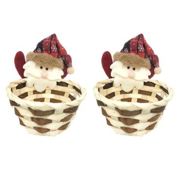 Imagem de Kit 2 Cestos Natalino Palha Decorado Papai Noel Pelúcia 15cm - Master Christmas