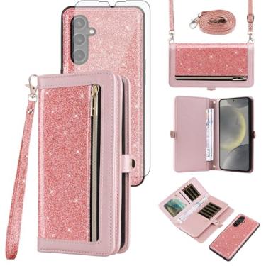 Imagem de Asuwish Capa de celular para Samsung Galaxy S24 Plus/S25 Plus S24+ S25+ 5G com zíper carteira celular com alça protetora de tela Bling Glitter Flip Card Holder S24Plus 24S + S 24 24+ S25Plus 25S 25+