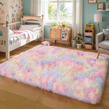 Imagem de KCHOWUA Tapetes de área de unicórnio espessos e fofos para quarto de meninas, arco-íris macio felpudo felpudo pastel para sala de estar, espesso, lavável, antiderrapante, princesa, berçário, meninos,