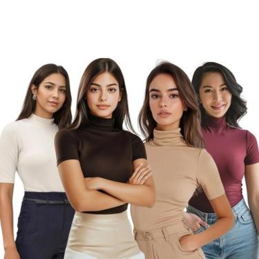 Imagem de Kit 4 Blusa Feminina Cacharrel Manga Curta Gola Alta - Contramão SP, P