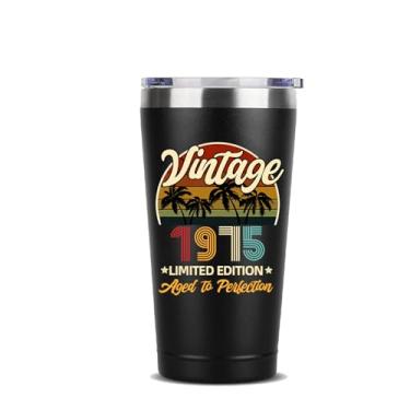 Imagem de de 50 anos para homens, mulheres e amigos, copo de aço inoxidável com isolamento a vácuo, copo térmico de aniversário impresso nos dois lados, Back in 1973 Old Time Information - Preto