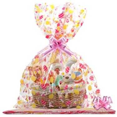 Imagem de SUREHOME Sacos de celofane para cestas de presente de 76 x 101 cm, grandes sacos de presente transparentes para embrulhar cestas de Páscoa, conjunto de 10 sacos de plástico para guloseimas de