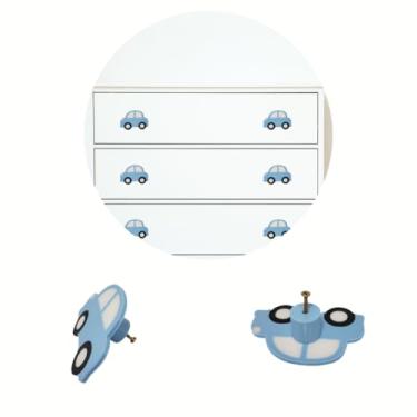 Imagem de Kit 2 Puxadores de Gaveta Infantil Carrinho Azul, Decoração Quarto Bebê