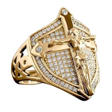 Imagem de LIOYSIUT Anel de escudo cruzado banhado a ouro 14 K, anel de cruz de Jesus cristão para homens, anel de amuleto religioso, joia católica cristã para homens e meninos, presentes exclusivos para homens,