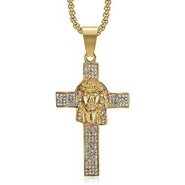 Imagem de NEGS Colar de aço inoxidável banhado a ouro 18 K, crucifixo, cruz, fé católica, colar de aço inoxidável para homens e mulheres, corrente de 61 cm, oração de Jesus, joia cristã para presente, Large