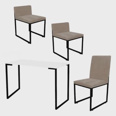 Imagem de Kit Mesa Escrivaninha com Cadeira Stan e 2 Poltronas Lee Tampo Branco Ferro Preto Tecido Sintético Bege - Ahz Móveis