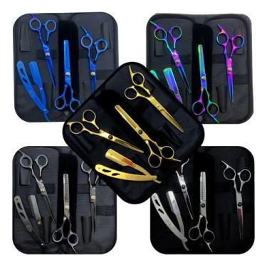 Imagem de Tesouras Fio Laser + Navalha + Desbaste + Navalhete + Estojo Cor Azul 