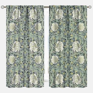 Imagem de Cortina vintage floral William Morris, cinza, verde, amarela, traços, para banheiro, sala de estar, cozinha, quinta, cortinas para quarto de mulheres e meninas, 2 painéis, 106 x 113 cm