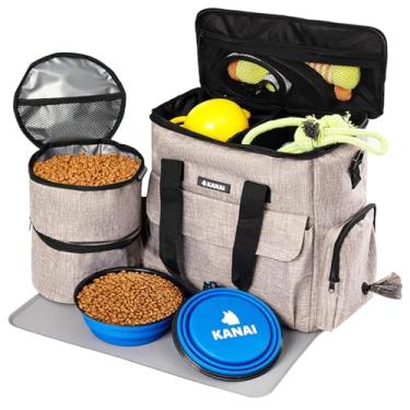 Imagem de TravelTail Gear Co. Pacote com 8 – Conjunto de viagem para animais de estimação – Bolsa de viagem para cães pronta para companhias aéreas com tigelas, recipientes e tapete – Kit de alívio de 6 peças