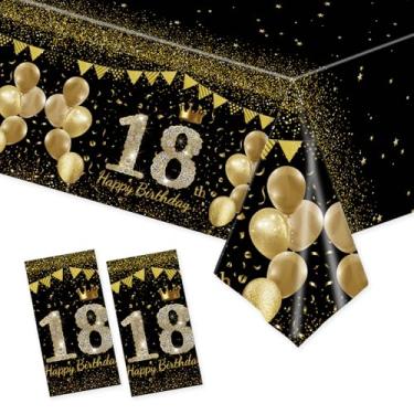 Imagem de Xjoviative Pacote com 2 toalhas de mesa de plástico para aniversário de 18 anos 137 x 272 cm, toalha de mesa descartável dourada preta para decoração de festa de 18 anos (18)