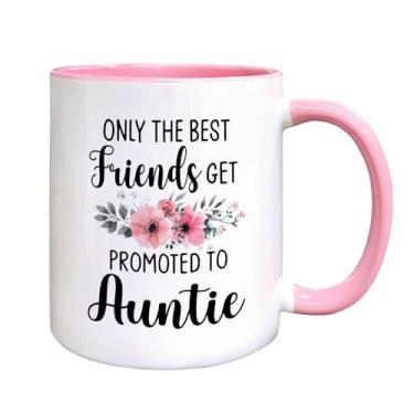 Imagem de QASHWEY Auntie to Be Gifts Caneca de café, presentes engraçados de anúncio de gravidez para melhor amiga NewAuntie, Get Promoted to Auntie Caneca de cerâmica impressa dupla face 325 ml (rosa)