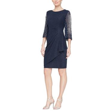 Imagem de Alex Evenings Vestido feminino curto metálico com mangas enfeitadas e babados em cascata (tamanho pequeno e regular), Azul-marinho escuro metálico, 50