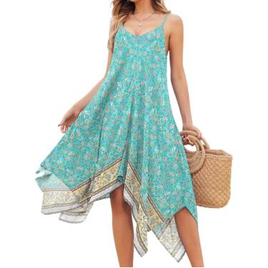 Imagem de Chigant Vestido feminino de verão 2025, casual, boêmio, alças finas, saída de banho, praia, rodado, midi para férias, Estampa 8, M