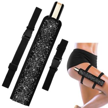 Imagem de Cosblank Coldre de fã Summer Rave Suporte de ventilador dobrável bolsa de mão dobrável com cinto de cintura para festa de coxa dançante em linha (preto Bling)