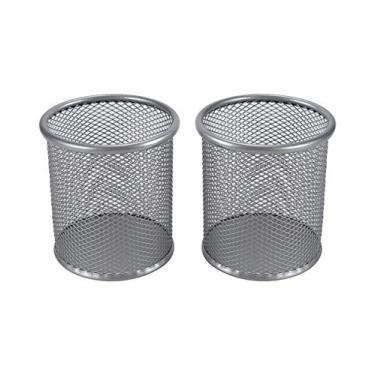 Imagem de EasyPAG 2 conjuntos de porta-canetas para mesa suporte de lápis de metal de malha premium suporte para caneta marcador de copo Porta-pincéis de maquiagem, acessórios de mesa e organizadores de espaço de trabalho para casa, escola e escritório, prata
