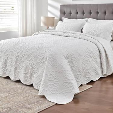 Imagem de Kingnex Colchas King extragrandes 128 x 120 colcha extra larga para cama king king californiana alta, leve, 3 peças, conjunto de fronhas acolchoadas, branco puro