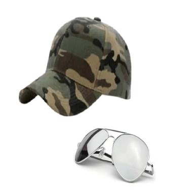 Imagem de Fantasia Militar Exército C/Boné Camuflado Aba Curvada Verde e Óculos Espelhado - 2 Peças Airsoft Paintball