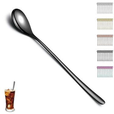 Imagem de Evanda Conjunto De 12 Colheres Chá Gelado Com Cabo Longo Preto, Aço Inoxidável Banhadas A Titânio, Para Mexer E Coquetéis, Laváveis Na Máquina Lavar Louça